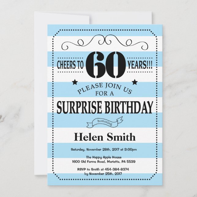 Invitación Sorpresa Cumpleaños 60 Azul y Blanco a Rayas (Anverso)