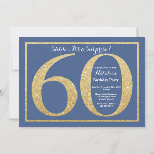 Invitación Sorpresa Cumpleaños 60 Azul y Dorado Brillante