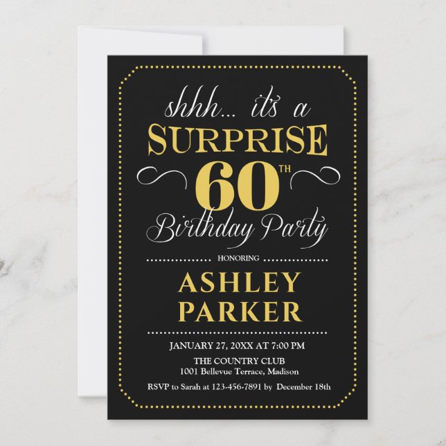 Invitación Sorpresa Cumpleaños 60 - Negro Oro (Anverso)