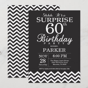 Invitación Sorpresa Cumpleaños 60 Negro y Blanco Chevron