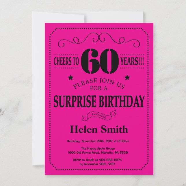 Invitación Sorpresa Cumpleaños 60 Negro y Rosa Caliente (Anverso)