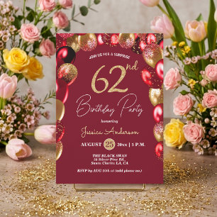 Invitación Sorpresa Cumpleaños 62 Años Glitter Dorado Borgoña