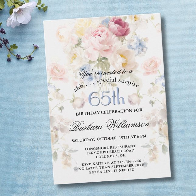 Invitación Sorpresa Cumpleaños 65 Elegante Floral Pintado  (Subido por el creador)