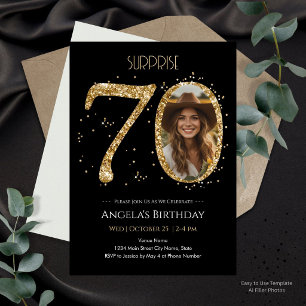 Invitación Sorpresa Cumpleaños 70 Brillante Negro y Dorado