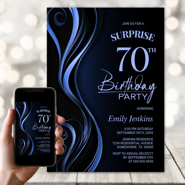 Invitación Sorpresa Cumpleaños 70 Fiesta Negro y Azul (Subido por el creador)