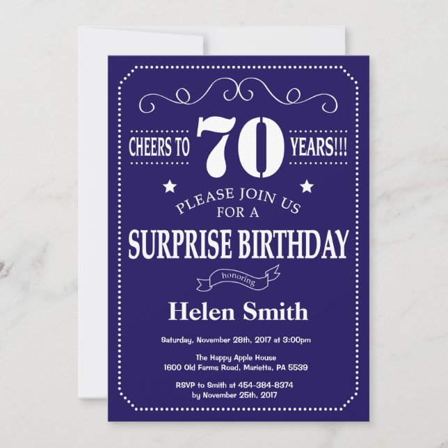 Invitación Sorpresa Cumpleaños 70 Navy Azul y Blanco (Anverso)