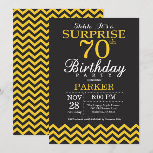 Invitación Sorpresa Cumpleaños 70 Negro y Amarillo Chevron