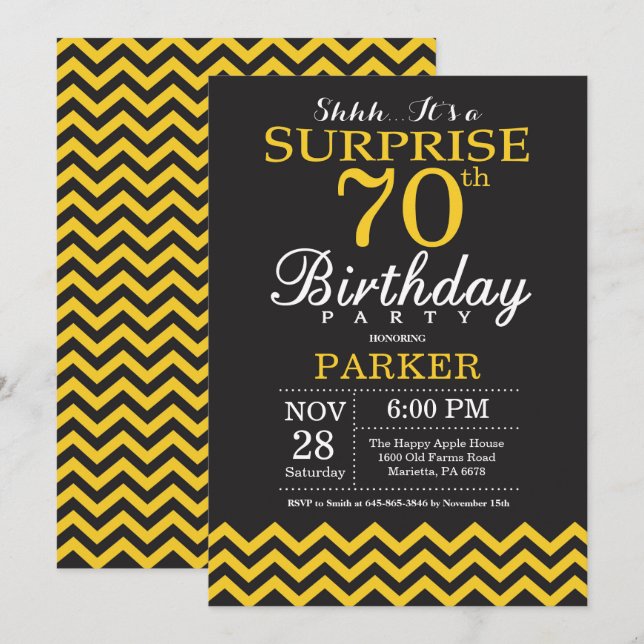 Invitación Sorpresa Cumpleaños 70 Negro y Amarillo Chevron (Anverso / Reverso)