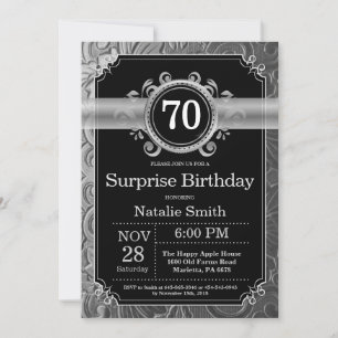Invitación Sorpresa Cumpleaños 70 Negro y Brillo Plateado