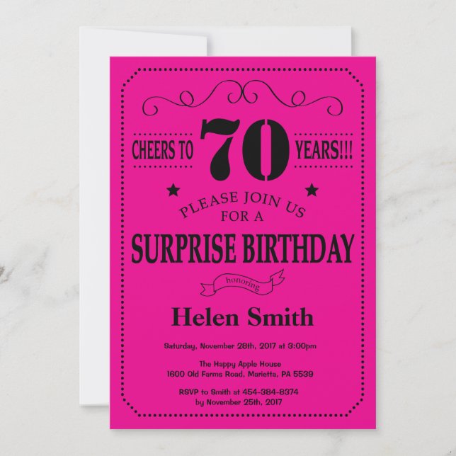 Invitación Sorpresa Cumpleaños 70 Negro y Rosa Caliente (Anverso)