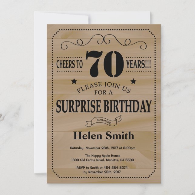 Invitación Sorpresa Cumpleaños 70 Rústico Madera (Anverso)