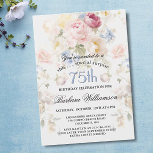 Invitación Sorpresa Cumpleaños 75 Elegante Floral Pintado