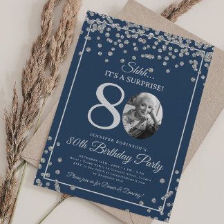 Invitación Sorpresa Cumpleaños 80 Aniversario Plata Confeti A