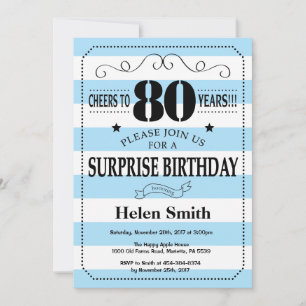 Invitación Sorpresa Cumpleaños 80 Azul y Rayas Blancas