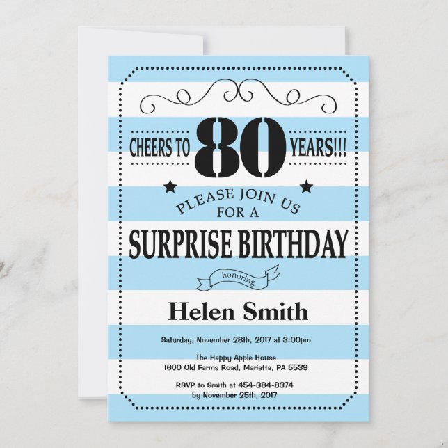Invitación Sorpresa Cumpleaños 80 Azul y Rayas Blancas (Anverso)