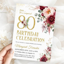 Sorpresa Cumpleaños 80 Burgundy Gold Blush Floral 