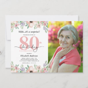 Invitación Sorpresa Cumpleaños 80 Fiesta Elegante Floral Foto