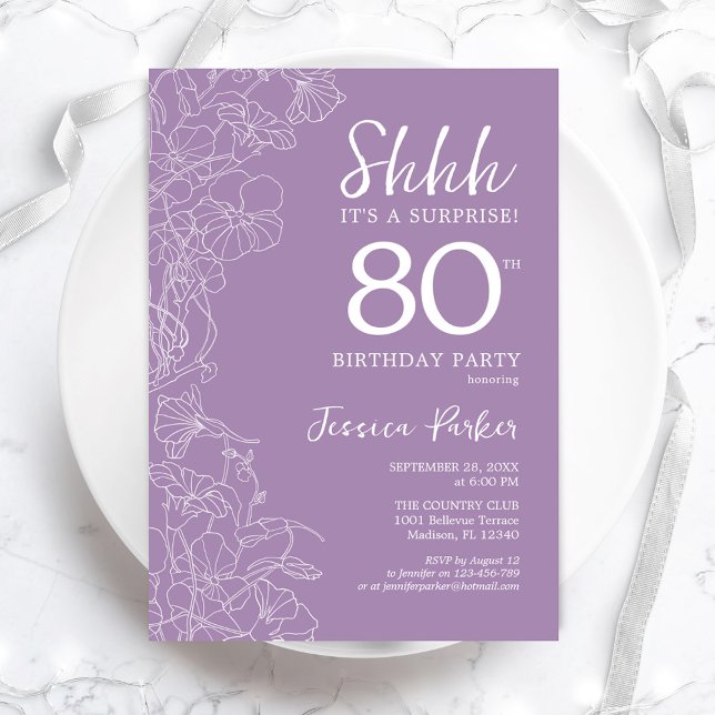 Invitación Sorpresa cumpleaños 80 - Floral Púrpura (Subido por el creador)