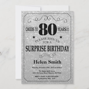 Invitación Sorpresa Cumpleaños 80 Negro y Plata Brillante