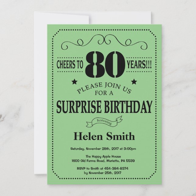 Invitación Sorpresa Cumpleaños 80 Negro y Verde (Anverso)