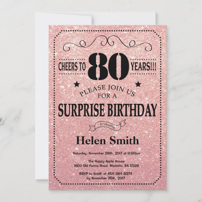 Invitación Sorpresa Cumpleaños 80 Rosa Dorado Brillante (Anverso)