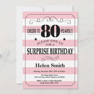 Invitación Sorpresa Cumpleaños 80 Rosa y Rayas Blancas