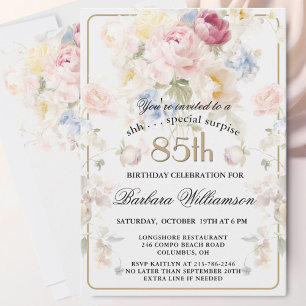 Invitación Sorpresa Cumpleaños 85 Elegante Floral Pintado