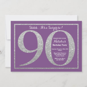 Invitación Sorpresa Cumpleaños 90 Años Purpura y Plata Brilla