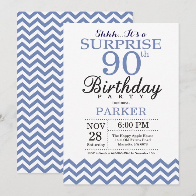 Invitación Sorpresa Cumpleaños 90 Azul Chevron (Anverso / Reverso)