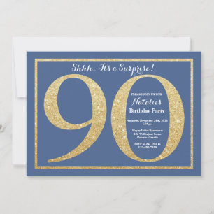Invitación Sorpresa Cumpleaños 90 Azul y Dorado Brillante