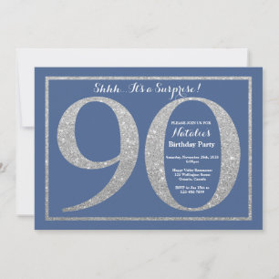 Invitación Sorpresa Cumpleaños 90 Azul y Plata Brillante