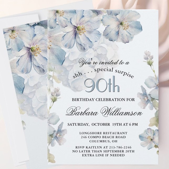 Invitación Sorpresa Cumpleaños 90 Elegante Floral Azul (Subido por el creador)