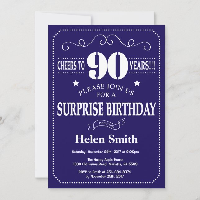 Invitación Sorpresa cumpleaños 90 Navy azul y blanco (Anverso)