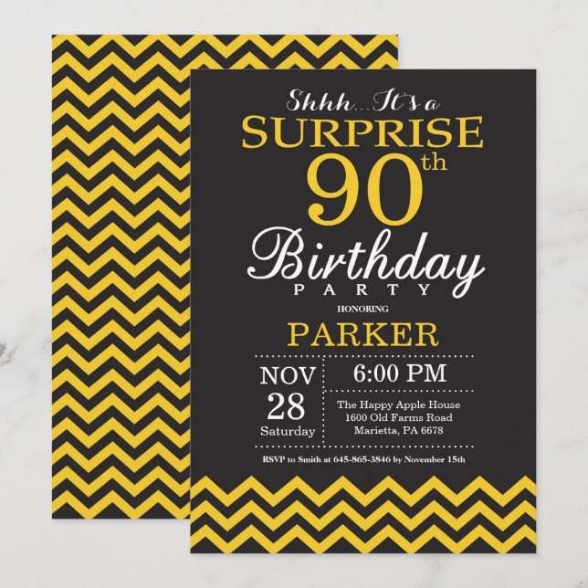 Invitación Sorpresa Cumpleaños 90 Negro y Amarillo Chevron (Anverso / Reverso)