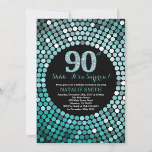 Invitación Sorpresa Cumpleaños 90 Negro y Brillo Teal