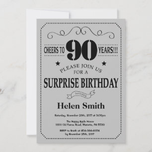Invitación Sorpresa cumpleaños 90 negro y gris plateado