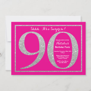 Invitación Sorpresa Cumpleaños 90 Rosa Caliente y Brillo de P