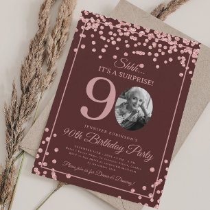 Invitación Sorpresa Cumpleaños 90 Rosado Dorado Confeti Burgu
