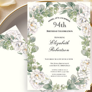 Invitación Sorpresa Cumpleaños 94 Marfil y Verde Menta Floral