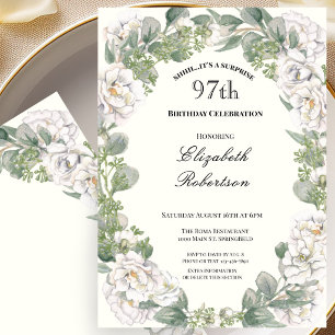 Invitación Sorpresa Cumpleaños 97 Floral Marfil y Verde Menta