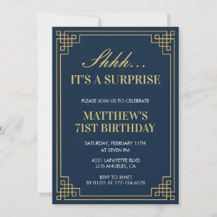 Invitación Sorpresa Cumpleaños Azul Marino Dorado Hombres 71