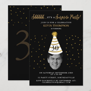 Invitación Sorpresa Cumpleaños Cara Divertida Foto Negro Oro