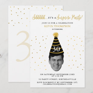 Invitación Sorpresa Cumpleaños Cara Divertida Foto Negro Oro