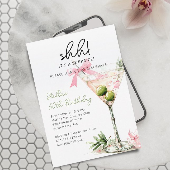 Invitación Sorpresa Cumpleaños Fiesta Copa de Martini Acuarel (Surprise Birthday Party Watercolor Martini Glass Invitation)