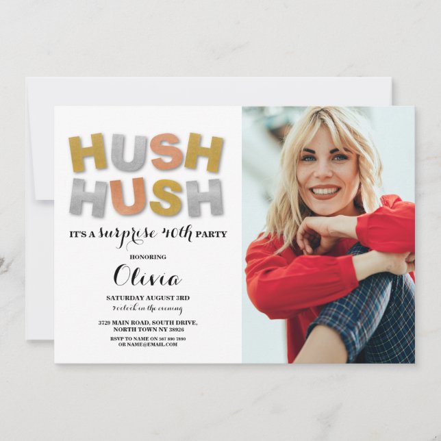 Invitación Sorpresa Cumpleaños Fiesta Hush Fotografía Metálic (Anverso)