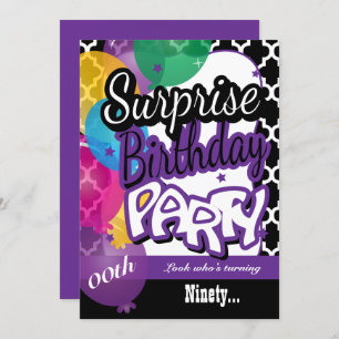 Invitación Sorpresa cumpleaños número 00 con globos en morado