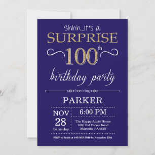 Invitación Sorpresa cumpleaños número 100 azul marino y brill
