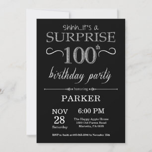 Invitación Sorpresa Cumpleaños número 100 Brillantina Negra y
