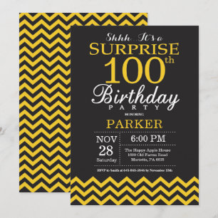 Invitación Sorpresa cumpleaños número 100 Chevron negro y ama