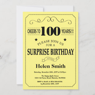Invitación Sorpresa cumpleaños número 100 negro y amarillo